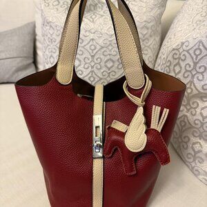 Neiman Marcus Ruby Red Vegan Leather Bucket Purse